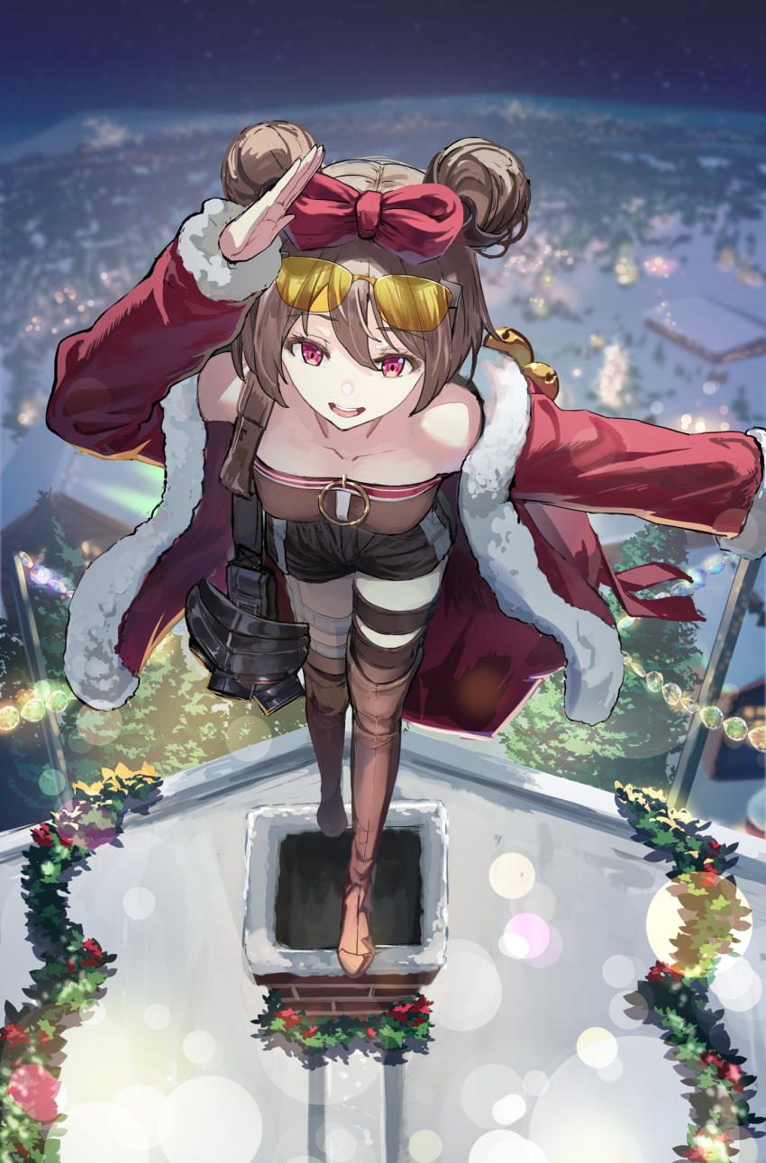 1girl bangs boots bow breasts chimney choker christmas collarbone double_bun eyewear_on_head girls_frontline gloves hair_bow hair_ornament highres korean_commentary light_brown_hair looking_at_viewer medium_breasts night official_alternate_costume open_mouth p90_(girls'_frontline) p90_(scarlet_turbo)_(girls'_frontline) red_bow red_eyes rooftop short_hair shorts smile solo sunglasses thigh-highs vikpie