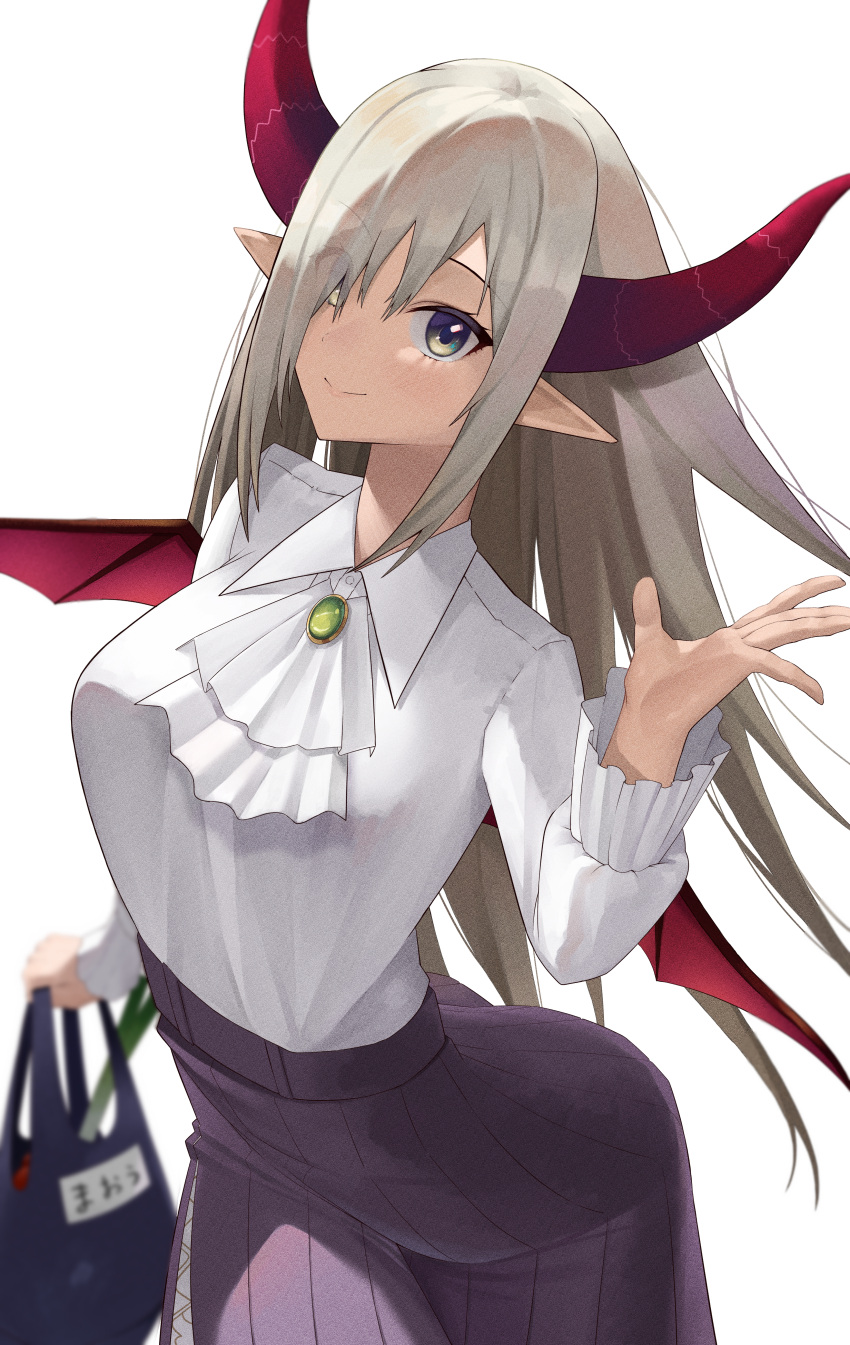 1girl absurdres ascot ass bag bisco_(bisco_art) closed_mouth demon_girl demon_horns emma_august hair_over_one_eye highres horns leaning_forward long_hair long_sleeves looking_at_viewer nijisanji pleated_skirt pointy_ears red_horns shirt shopping_bag silver_hair skirt smile solo spiky_hair virtual_youtuber white_ascot white_shirt wings yellow_eyes
