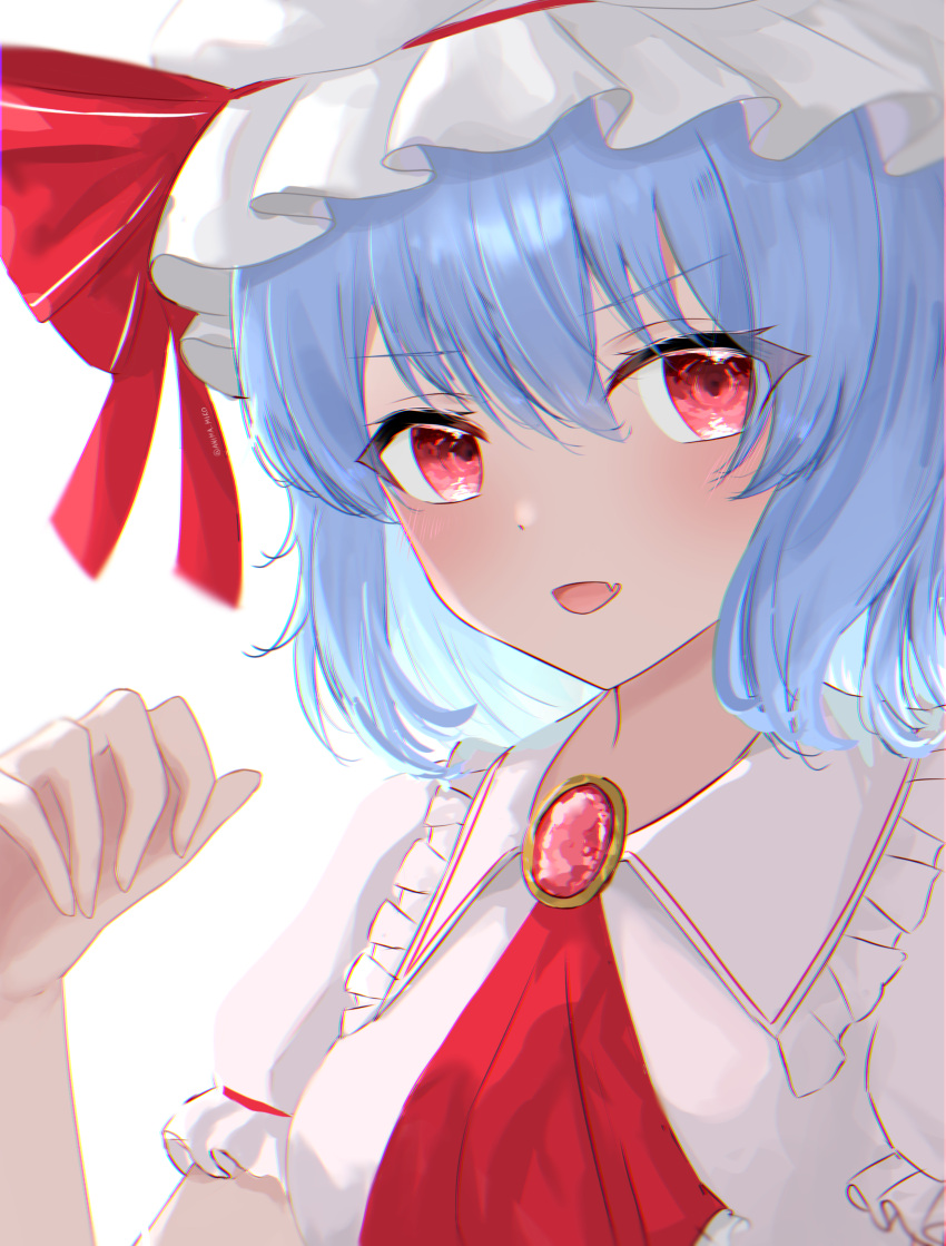 1girl :d absurdres anima_miko ascot bangs blue_hair bow eyebrows_visible_through_hair fang hair_between_eyes hat hat_bow highres looking_at_viewer medium_hair red_ascot red_bow red_eyes remilia_scarlet shiny shiny_hair shirt skin_fang smile solo touhou upper_body white_background white_headwear white_shirt