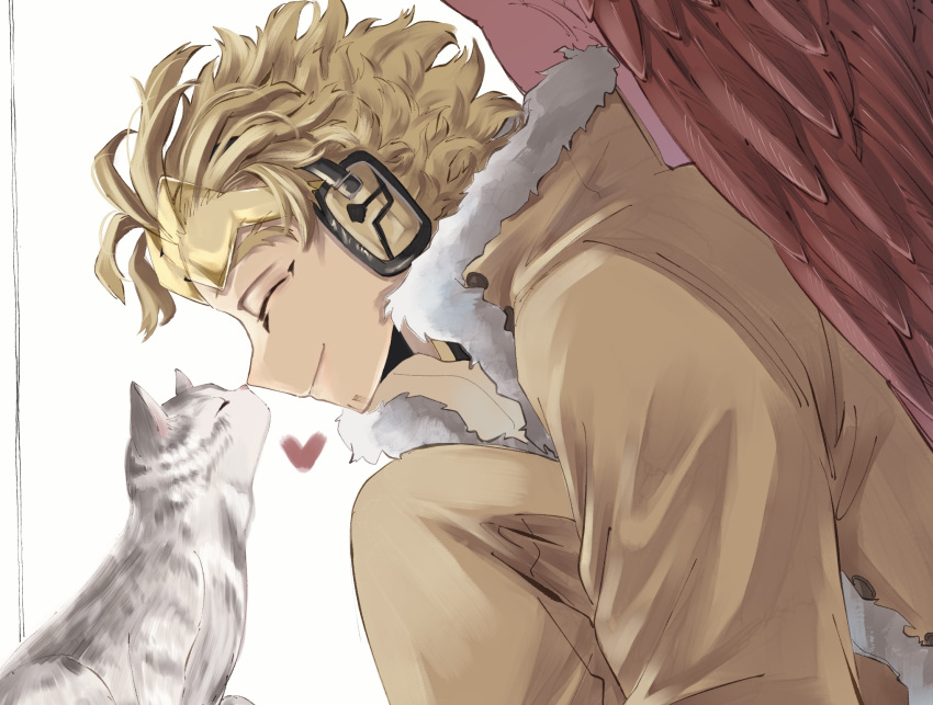 barururunru blonde_hair boku_no_hero_academia cat closed_eyes costume eyeliner feathered_wings fur-trimmed_jacket fur_trim hawks_(boku_no_hero_academia) headphones heart highres jacket makeup messy_hair nose_boop one_knee red_feathers rimless_eyewear smile squatting wings