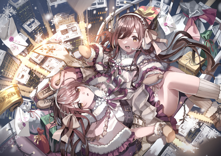 2girls absurdres aonemu_kotatsu bangs bare_shoulders blush brown_hair closed_mouth dress earmuffs from_side hair_between_eyes hairband hand_on_another's_cheek hand_on_another's_face headset highres holding_hands idol idolmaster idolmaster_shiny_colors long_hair looking_at_another oosaki_amana oosaki_tenka red_ribbon ribbon siblings sisters sleeveless twins very_long_hair white_dress white_hairband yellow_eyes