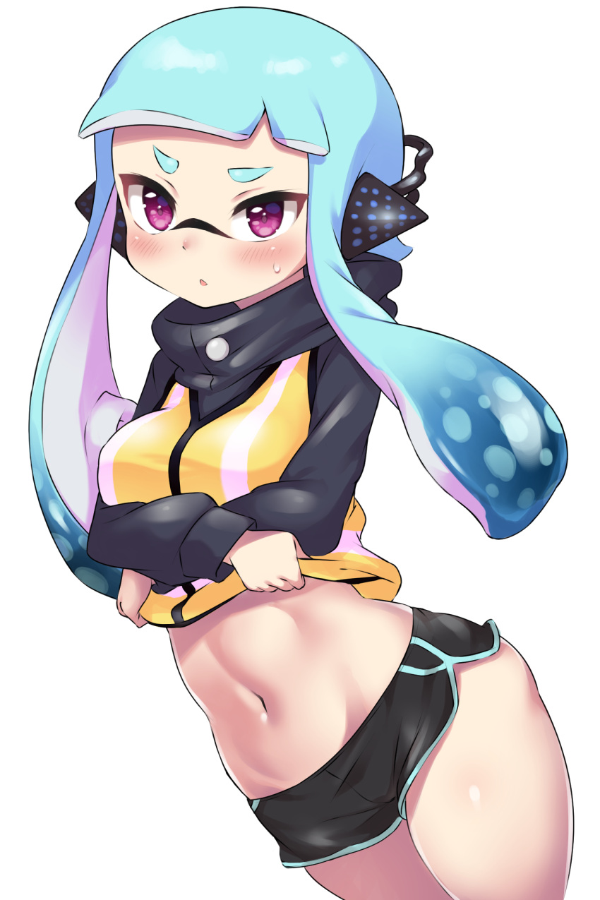 1girl :o bangs black_shirt black_shorts blue_hair blunt_bangs blush clothes_lift commentary cowboy_shot dolphin_shorts dutch_angle headgear highres inkling lifted_by_self long_hair long_sleeves looking_at_viewer micro_shorts midriff_peek navel parted_lips penguin_maru_(penginmaru) shirt shirt_lift shorts simple_background solo splatoon_(series) squidbeak_splatoon standing sweatdrop tentacle_hair undressing vest violet_eyes white_background yellow_vest