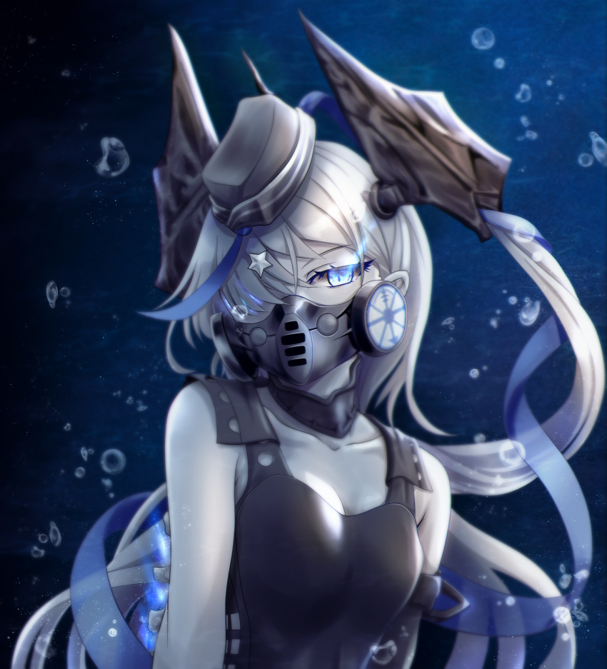 1girl absurdres abyssal_ship air_bubble black_headwear black_swimsuit blue_eyes breasts bubble colored_skin competition_swimsuit garrison_cap glowing glowing_eyes grey_hair hair_ornament hat highres kantai_collection long_hair mask mouth_mask one-piece_swimsuit ponytail small_breasts solo star_(symbol) star_hair_ornament submarine_shark_water_oni swimsuit tk8d32 underwater upper_body white_skin