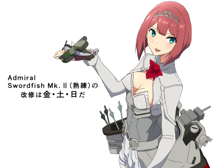 1girl aircraft airplane ark_royal_(kancolle) arrow_(projectile) bangs biplane blue_eyes blush bob_cut bow breasts comala_(komma_la) commentary_request corset flower holding kantai_collection long_sleeves looking_at_viewer medium_breasts parted_lips quiver red_bow red_flower red_rose rose short_hair shorts simple_background solo swordfish_(airplane) tiara upper_body white_background white_shorts