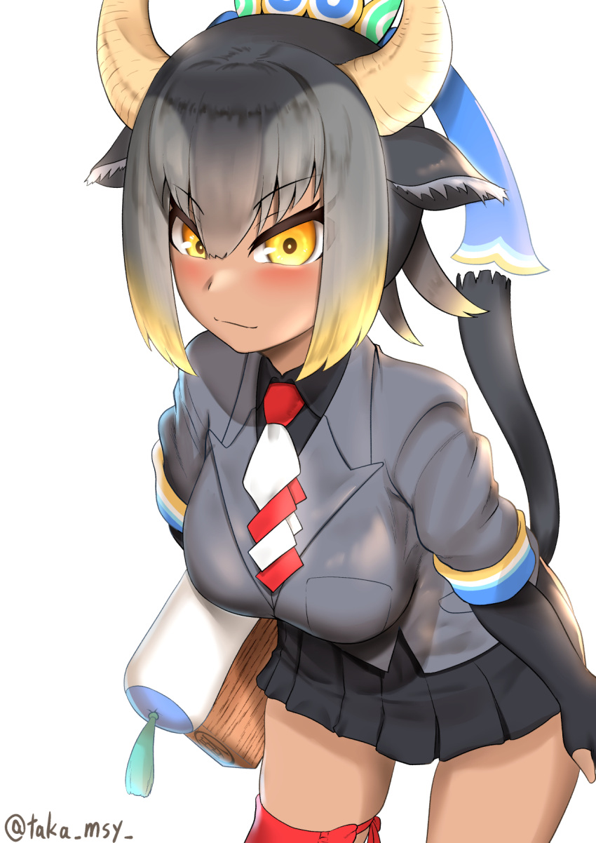 1girl animal_ears arms_at_sides bangs black_hair blonde_hair blush breast_pocket breasts closed_mouth commentary_request cowboy_shot dress_shirt elbow_gloves eyebrows_visible_through_hair fingerless_gloves gloves goshingyu-sama_(kemono_friends) grey_hair hair_ornament highres holding horns jacket kashisu_mint kemono_friends leaning_forward looking_at_viewer medium_hair miniskirt multicolored_hair necktie ox_ears ox_girl ox_horns pleated_skirt pocket shirt simple_background skirt smile solo tail tan taut_clothes taut_jacket thigh_strap twitter_username two-tone_neckwear white_background yellow_eyes yellow_horns