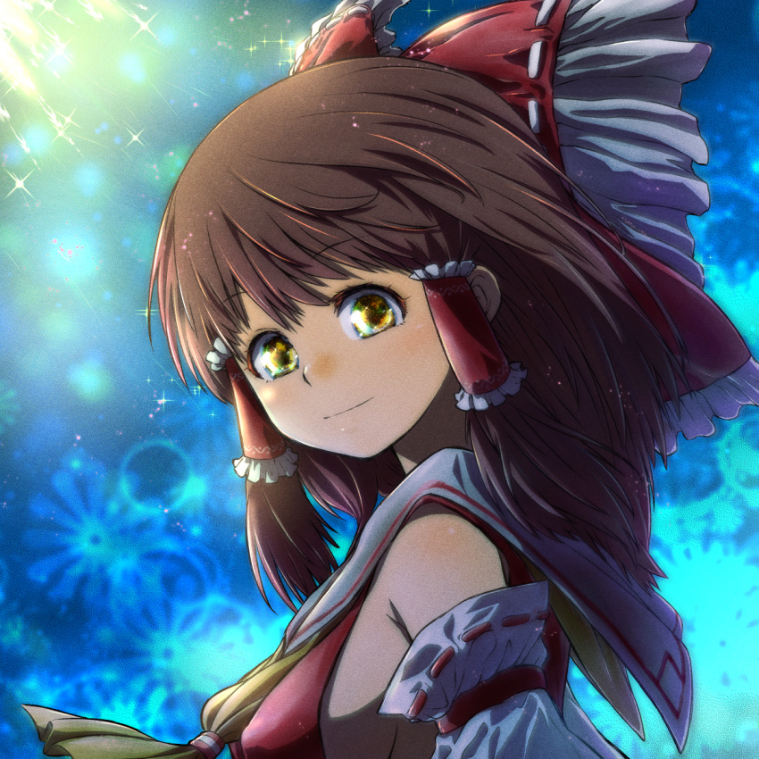 1girl bangs bow breasts brown_hair closed_mouth collared_shirt covered_nipples detached_sleeves eyebrows_visible_through_hair frilled_hair_tubes frills from_side hair_bow hair_tubes hakurei_reimu highres long_hair looking_at_viewer neckerchief red_bow red_shirt ribbon-trimmed_sleeves ribbon_trim sailor_collar sailor_shirt shirt sideboob sleeveless sleeveless_shirt small_breasts smile solo takumi117 touhou upper_body white_sailor_collar white_sleeves yellow_eyes yellow_neckerchief