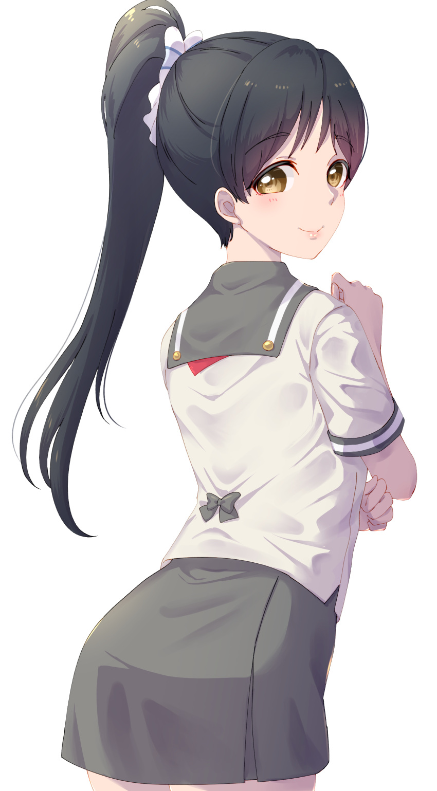 1girl absurdres alternate_costume black_hair bow brown_eyes closed_mouth collared_shirt cowboy_shot grey_bow grey_sailor_collar grey_skirt hair_bow hazuki_ren high_ponytail highres kobayashi_nyoromichi leaning_forward long_hair looking_at_viewer looking_back love_live! love_live!_sunshine!! love_live!_superstar!! miniskirt sailor_collar sailor_shirt school_uniform shiny shiny_hair shirt short_sleeves simple_background skirt smile solo standing striped striped_bow uranohoshi_school_uniform white_background white_bow white_shirt