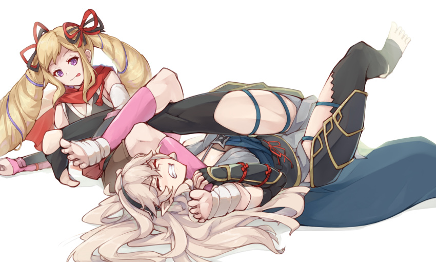 2girls :p armor blonde_hair blush bow clenched_teeth corrin_(fire_emblem) elise_(fire_emblem) fire_emblem fire_emblem_fates fire_emblem_heroes gloves hair_bow hair_ribbon hairband highres jaegan long_hair multiple_girls pointy_ears ribbon simple_background submission_hold teeth tongue tongue_out twintails violet_eyes white_hair wrestling
