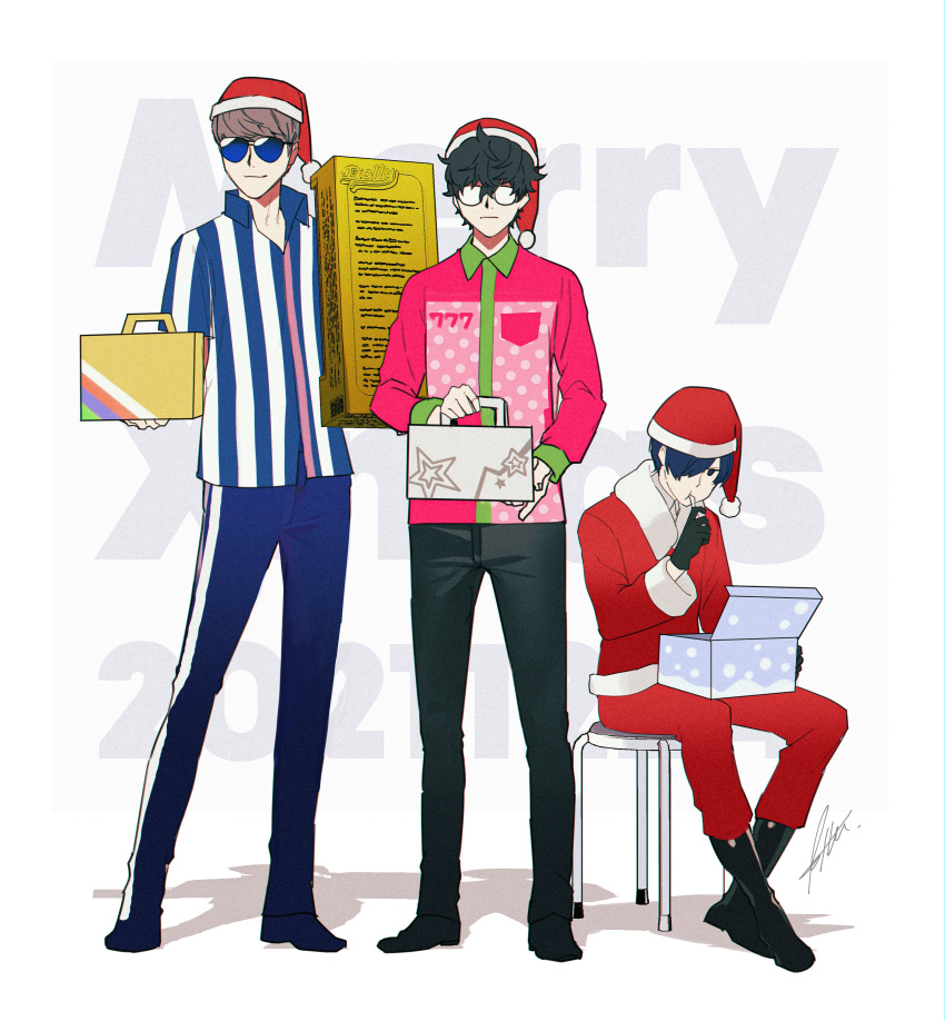 2021 3boys absurdres alternate_costume amamiya_ren background_text bangs black_footwear black_gloves black_hair black_pants blue_eyes blue_hair blue_pants boots box btmr_game chair christmas closed_mouth eating food fur_trim gift gift_box glasses gloves grey_hair hair_between_eyes hair_over_one_eye hat highres holding holding_gift long_sleeves male_focus merry_christmas multiple_boys narukami_yuu opaque_glasses pants persona persona_3 persona_4 persona_5 santa_costume santa_hat shirt signature simple_background sitting smile smirk standing star_(symbol) striped striped_shirt sunglasses symbol-only_commentary track_pants yuuki_makoto