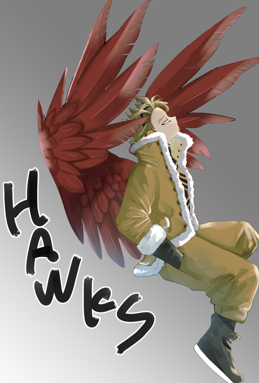absurdres ankle_boots barururunru blonde_hair boku_no_hero_academia boots costume feathered_wings flying from_side fur-trimmed_jacket fur_trim hands_in_pockets hawks_(boku_no_hero_academia) headphones highres jacket knees_up looking_away looking_up messy_hair name_tag red_wings short_hair uniform wings