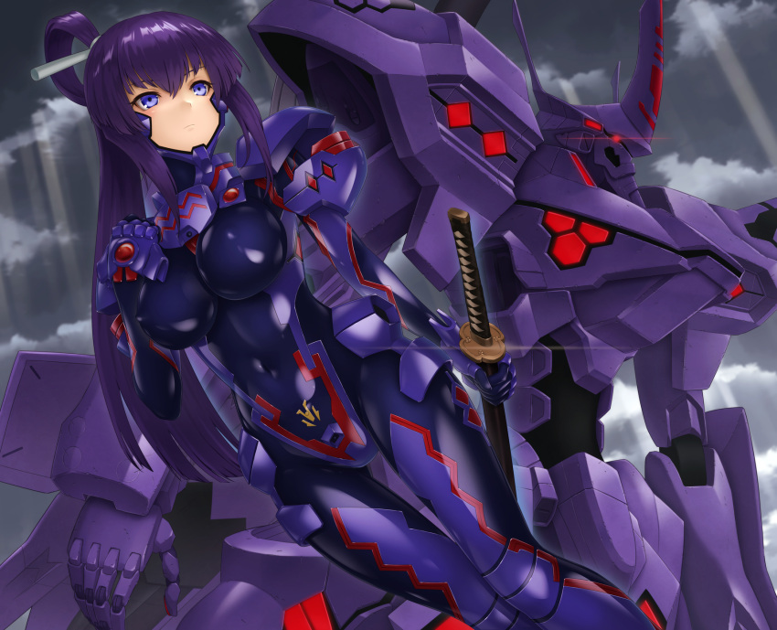 1girl blue_eyes breasts clouds cloudy_sky commission covered_navel covered_nipples eyebrows_visible_through_hair fortified_suit glowing glowing_eye head_tilt highres holding holding_sword holding_weapon katana koubuin_yuuhi kurione_(zassou) large_breasts long_hair looking_up mecha muvluv muvluv_alternative open_hand pilot_suit ponytail purple_hair red_eyes science_fiction skeb_commission sky sunlight sword tactical_surface_fighter takemikazuchi_(muvluv) weapon