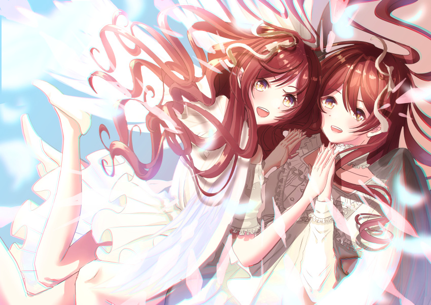 2girls akane_iroha angel_wings belt black_wings blouse blue_dress blurry_foreground brown_eyes brown_hair commentary_request dress feathers flower frilled_hairband frills hair_flower hair_ornament hair_ribbon hairband highres idolmaster idolmaster_shiny_colors long_hair long_sleeves looking_at_viewer multiple_girls neck_ribbon oosaki_amana oosaki_tenka pink_shorts ribbon sailor_collar shorts siblings twins white_blouse white_wings wings