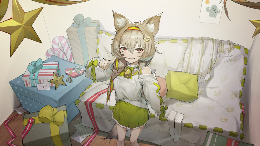 1girl :d absurdres animal_ear_fluff animal_ears arknights bare_shoulders beanstalk_(arknights) beanstalk_(gift_uncompleted)_(arknights) bell blush box braid brown_eyes brown_hair candy candy_cane couch envelope feet_out_of_frame food gift gift_box green_hairband green_sweater hair_between_eyes hair_over_shoulder hairband heart-shaped_box highres indoors kneehighs_removed long_hair looking_at_viewer neck_bell neck_garter off-shoulder_sweater off_shoulder official_alternate_costume open_mouth pillow qingfeng_canying scissors single_braid smile solo standing star_(symbol) sweater tail white_legwear white_sweater wooden_floor