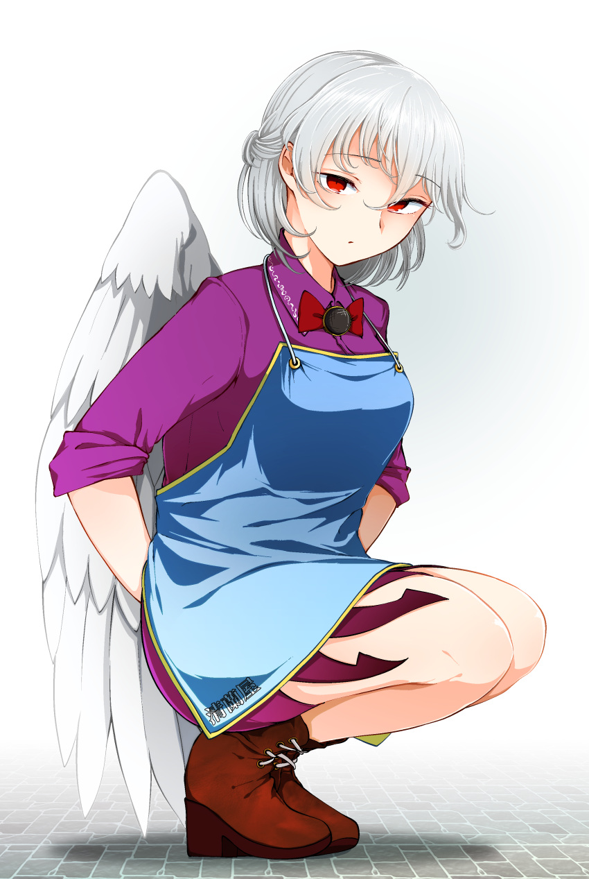 1girl absurdres apron blue_apron boots bow bowtie commentary_request dress highres kaisenpurin kishin_sagume purple_dress red_bow red_bowtie red_eyes short_hair single_wing solo squatting touhou white_hair white_wings wings