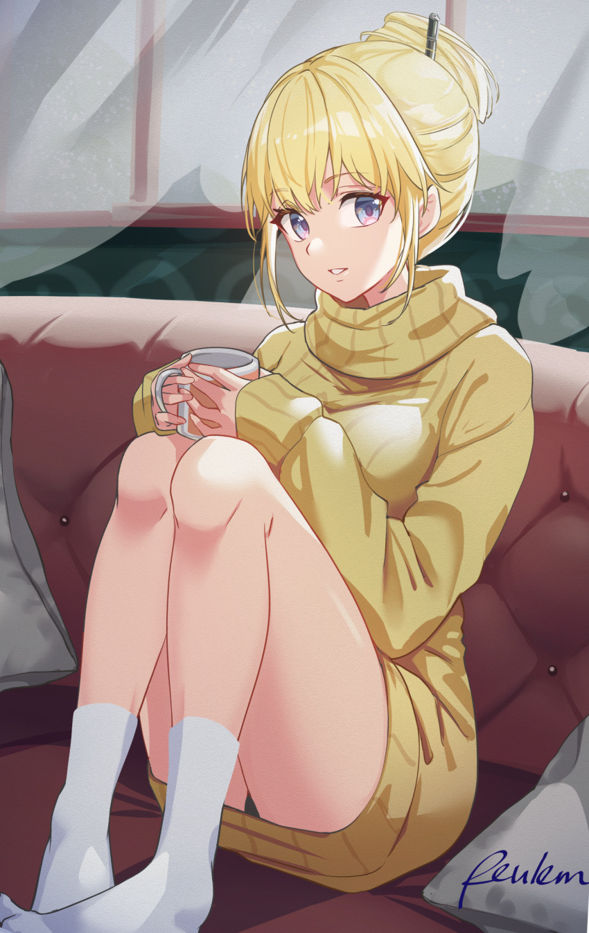 1girl alternate_costume alternate_hairstyle blue_eyes breasts couch cup curtains dress hair_bun hair_up highres holding holding_cup hololive hololive_english indoors knees knees_up looking_at_viewer medium_breasts mountainous_horizon mug no_shoes parted_lips pillow reulem sidelocks signature sleeves_past_wrists snowing socks solo sweater sweater_dress thighs turtleneck turtleneck_sweater virtual_youtuber watson_amelia window yellow_sweater