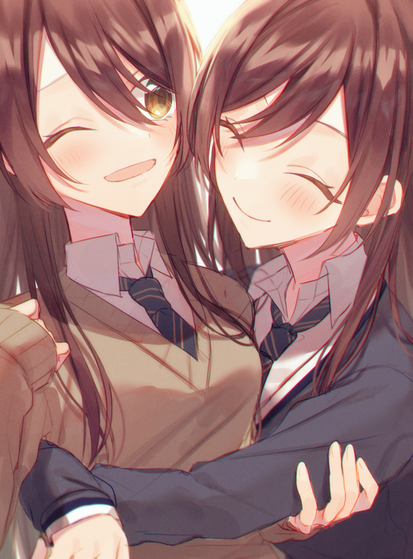 2girls absurdres beige_sweater blue_neckwear brown_eyes brown_hair choboume collared_shirt eyebrows_visible_through_hair from_above gradient gradient_background grey_jacket hair_between_eyes hands_clasped highres idolmaster idolmaster_shiny_colors jacket long_hair looking_at_viewer multiple_girls one_eye_closed oosaki_amana oosaki_tenka open_mouth own_hands_together plaid plaid_skirt pleated_skirt school_uniform shirt siblings sidelocks skirt standing straight_hair striped striped_neckwear tokufumi twins white_shirt