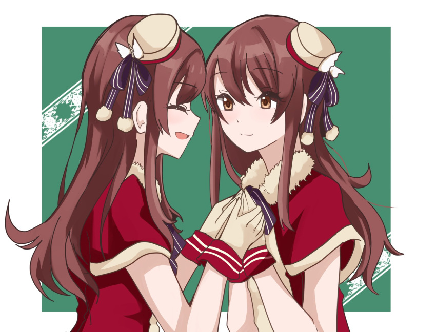 2girls bangs beret blush bow brown_eyes brown_hair capelet christmas closed_mouth commentary_request dress eyebrows_visible_through_hair gloves hair_between_eyes hat houndstooth idolmaster idolmaster_shiny_colors long_hair multiple_girls oosaki_amana oosaki_tenka open_mouth plaid plaid_bow print_headwear red_capelet red_dress siblings sisters sitting smile snowflakes thigh-highs tilted_headwear uropenzetubou very_long_hair white_gloves white_legwear