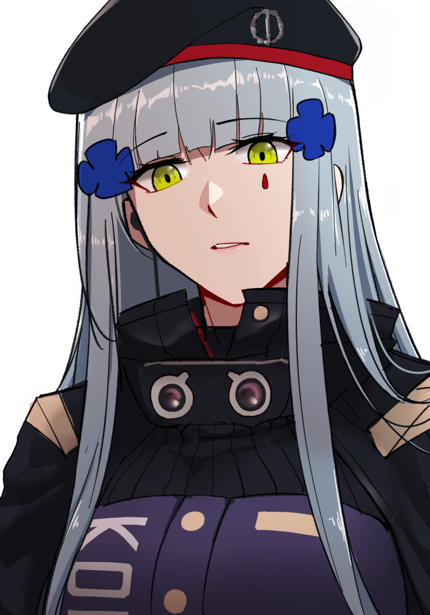 1girl absurdres bangs beret black_headwear blue_hair breasts commentary_request earpiece eyebrows_visible_through_hair facial_mark girls_frontline green_eyes gwangvt hair_ornament hat highres hk416_(girls'_frontline) korean_commentary large_breasts long_hair looking_at_viewer simple_background solo upper_body white_background