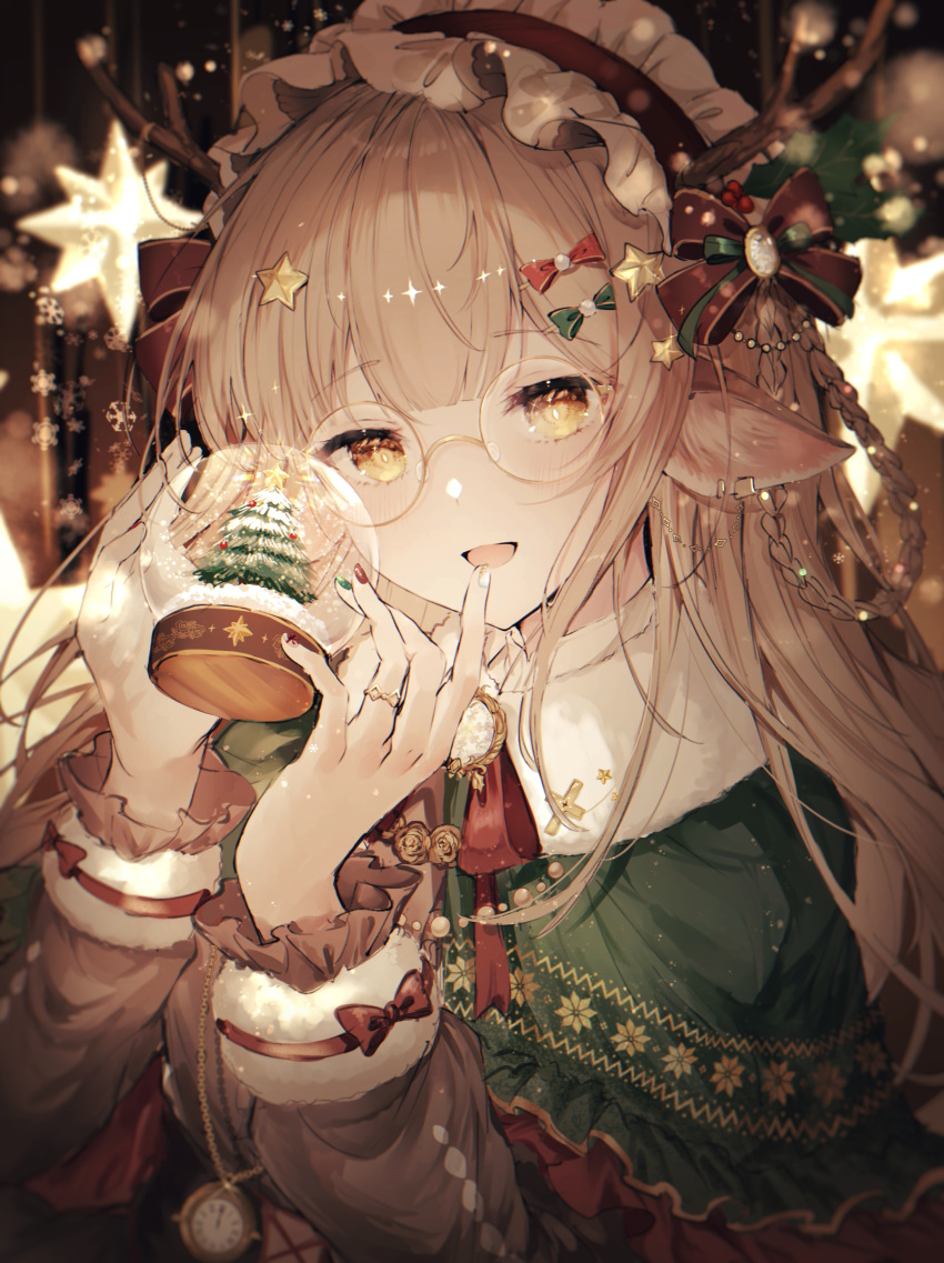 1girl :d absurdres animal_ear_fluff animal_ears bangs blush bow bowtie braid brooch capelet deer_antlers deer_ears deer_girl eyebrows_visible_through_hair fur_collar glasses green_bow green_capelet green_nails hair_bow hair_ornament highres holding holly jewelry long_sleeves looking_at_viewer maid_headdress nail_polish noyu_(noyu23386566) open_mouth original pocket_watch red_bow red_bowtie red_nails rimless_eyewear ring round_eyewear smile snow_globe snowflakes solo star_(symbol) star_hair_ornament upper_body watch white_nails yellow_eyes