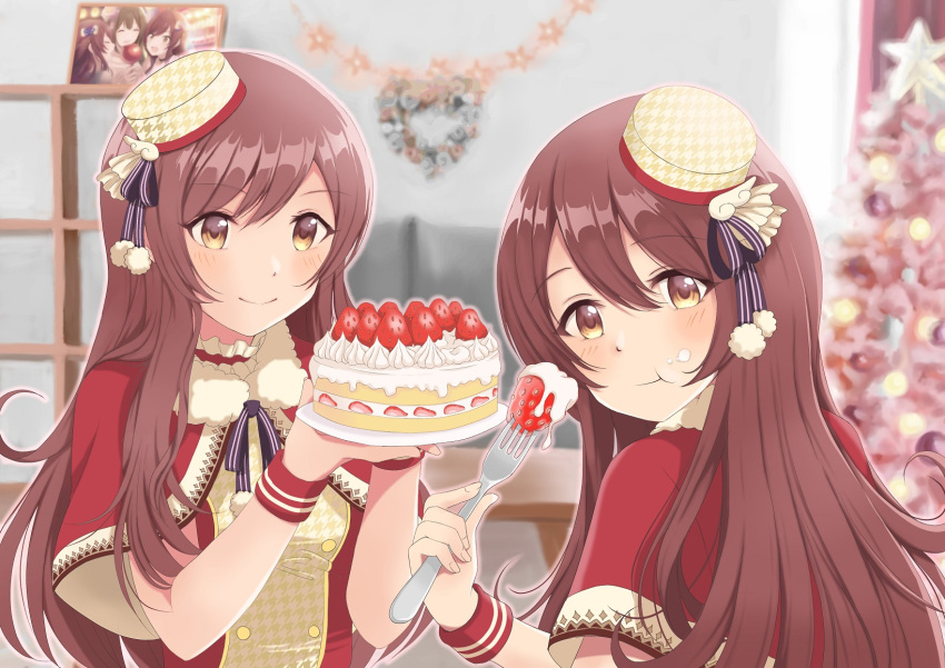 2girls :d bangs beret blush bow brown_eyes brown_hair cake capelet christmas closed_mouth commentary_request dress eyebrows_visible_through_hair gloves hair_between_eyes hat houndstooth hug idolmaster idolmaster_shiny_colors long_hair multiple_girls oosaki_amana oosaki_tenka open_mouth plaid plaid_bow print_headwear red_capelet red_dress siblings sisters sitting smile snowflakes thigh-highs tilted_headwear very_long_hair white_gloves white_legwear yukipo_p