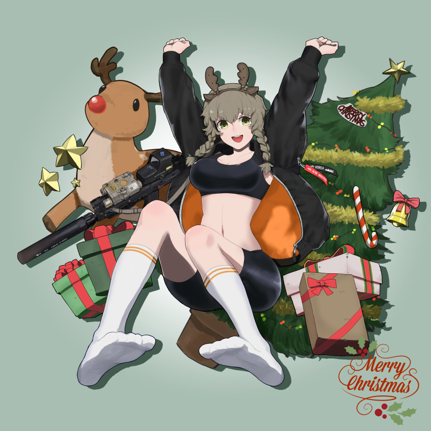 1girl absurdres amane_suzuha arms_up assault_rifle baeming bangs braid breasts brown_hair christmas_tree gift green_eyes gun highres large_breasts looking_at_viewer merry_christmas midriff reindeer rifle sitting smile socks solo steins;gate twintails weapon
