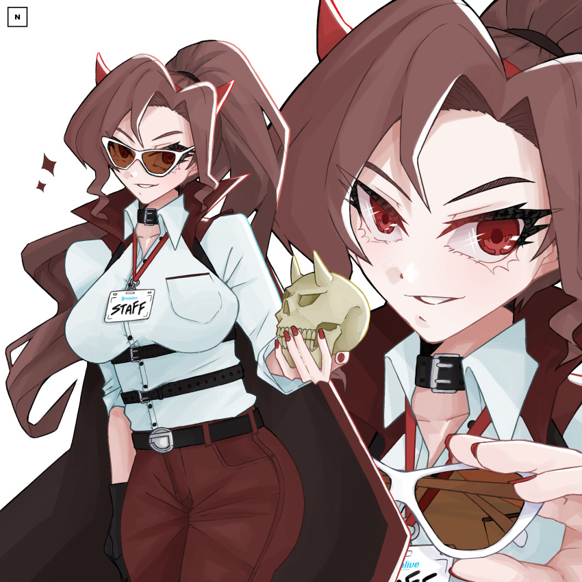 1girl absurdres breasts brown_hair cape choker collared_shirt fake_horns gloves highres holding holding_skull hololive hololive_english horns id_card j-chad large_breasts nicosarea pants parted_lips ponytail red_eyes shirt skull solo sunglasses white_background