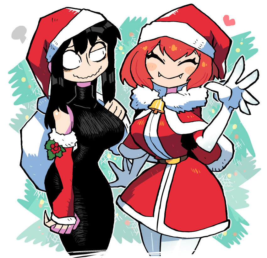 2girls absurdres bell black_dress breasts carla_carmilla_(rariatto) christmas closed_eyes cocked_eyebrow cropped_legs detached_sleeves dress fangs gloves hat heart highres long_fingers long_hair multiple_girls neck_bell noss_(rariatto) open_hands original outside_border pantyhose rariatto_(ganguri) red_sleeves redhead ribbed_dress sack santa_dress santa_hat vampire wavy_mouth white_bag white_gloves white_legwear