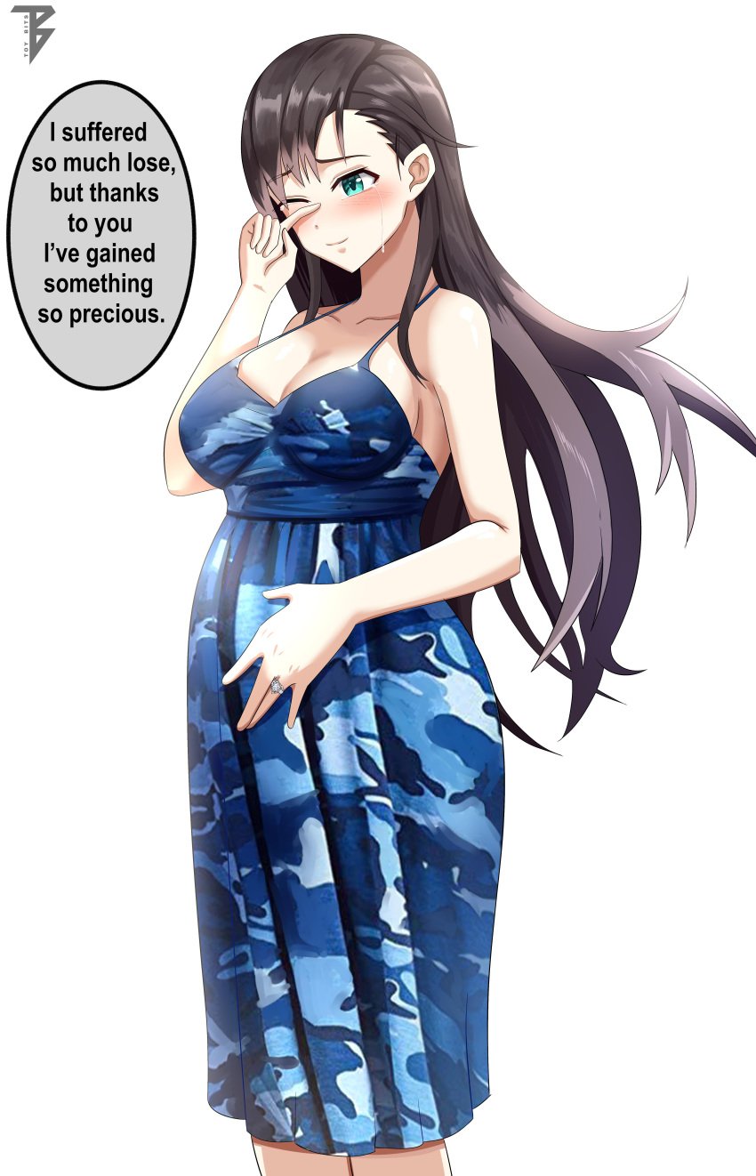 absurdres alternate_costume arizona_(azur_lane) azur_lane blue_dress blush breasts brown_hair closed_mouth commander_cool crying dress english_text eyebrows_visible_through_hair green_eyes hair_between_eyes hand_on_own_face hand_on_own_stomach highres jewelry large_breasts long_hair multicolored_clothes multicolored_dress one_eye_closed pregnant ring speech_bubble teardrop tears wedding_ring white_background