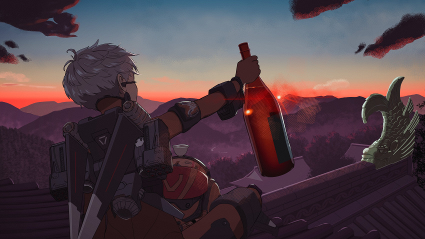 absurdres apex_legends architecture bodysuit bottle dangoyan east_asian_architecture from_behind hair_behind_ear headset headwear_removed helmet helmet_removed highres holding holding_bottle jetpack orange_bodysuit scenery short_hair sitting sunset thrusters valkyrie_(apex_legends) visor