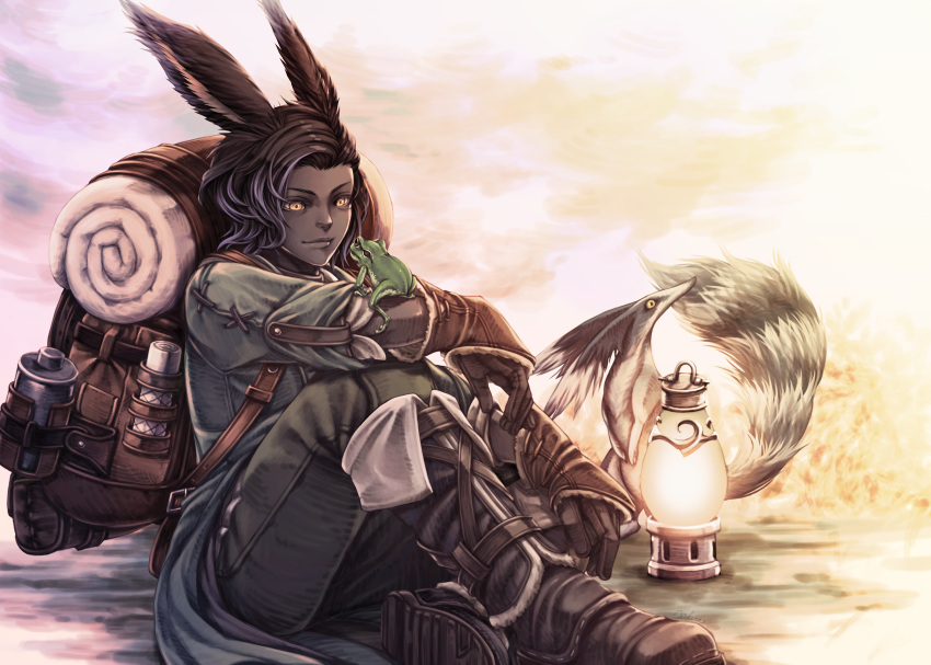 1boy animal animal_ears backpack bag black_gloves black_hair black_skin boots colored_skin erenville final_fantasy final_fantasy_xiv frog gloves highres lantern mihira_(tainosugatayaki) rabbit_ears short_hair sitting solo viera yellow_eyes