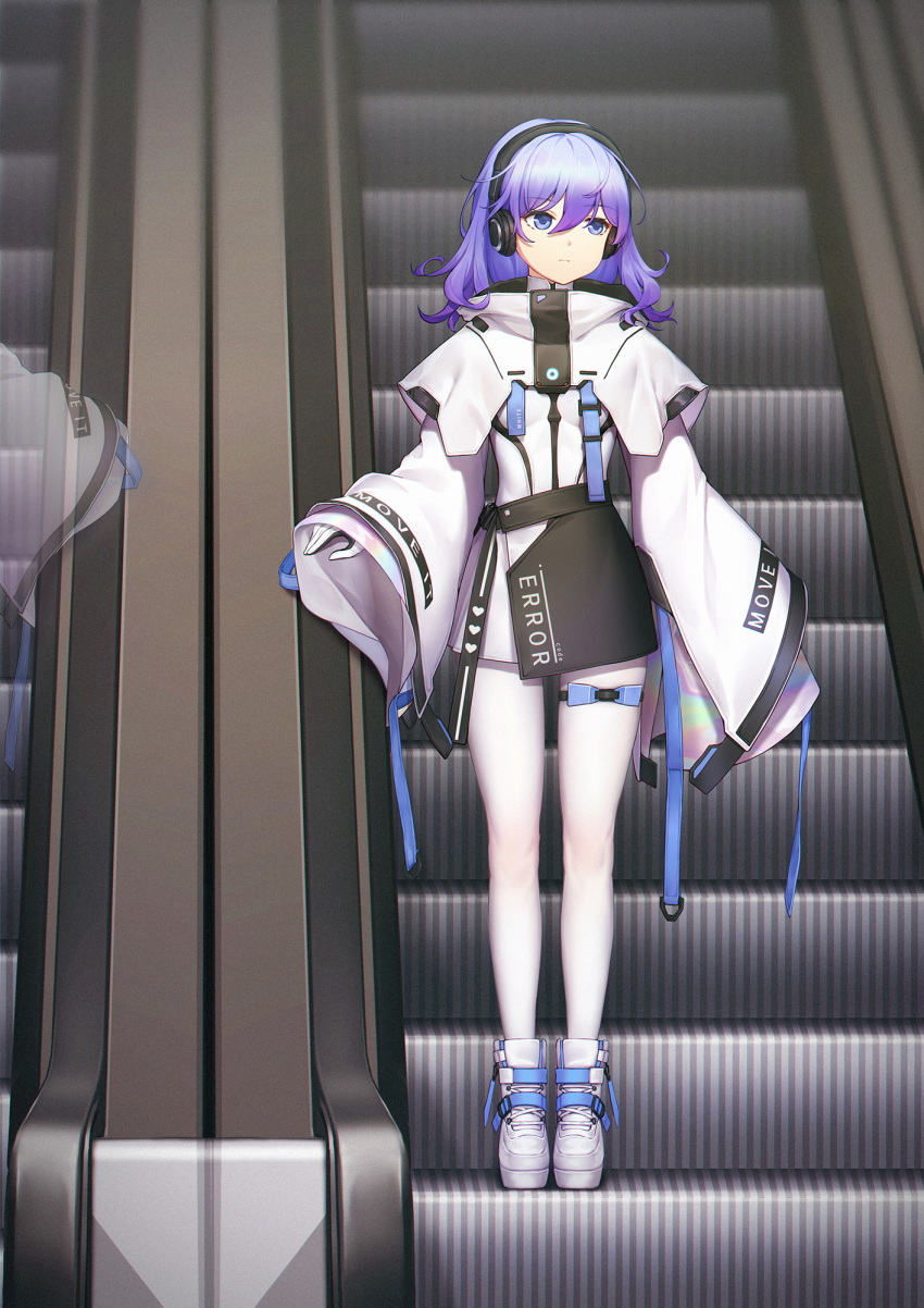 1girl bangs bigxixi blue_eyes boots capelet closed_mouth commentary_request escalator eyebrows_visible_through_hair gloves hair_between_eyes headphones highres jacket long_sleeves looking_away looking_to_the_side mirror original pantyhose purple_hair reflection sleeves_past_wrists solo standing white_capelet white_footwear white_gloves white_jacket white_legwear wide_sleeves