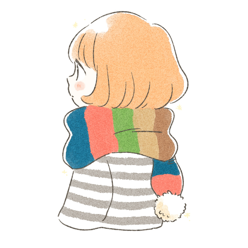 :| bangs blunt_bangs blush_stickers bob_cut closed_mouth cropped_torso enpera expressionless eyes_visible_through_hair from_side highres horizontal_stripes itunohika long_sleeves looking_away multicolored_clothes multicolored_scarf orange_hair original pale_color pom_pom_(clothes) profile scarf shirt short_hair simple_background solo sparkle striped striped_scarf striped_shirt tareme upper_body white_background