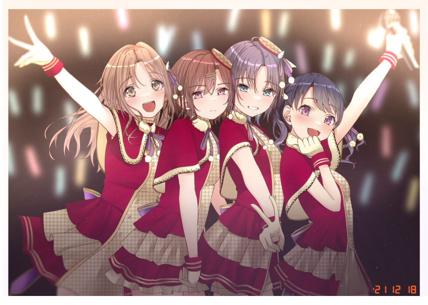 4girls :d absurdres asakura_tooru bangs blurry blurry_background capelet cowboy_shot dated dress eyebrows_visible_through_hair fukumaru_koito grin hat highres higuchi_madoka holding holding_microphone ichikawa_hinana idol idolmaster idolmaster_shiny_colors light_stick looking_at_viewer looking_to_the_side microphone mini_hat multiple_girls noctchill_(idolmaster) outstretched_arm parted_bangs red_capelet sleeveless sleeveless_dress smile two-tone_dress v wrist_cuffs yzk_knmn