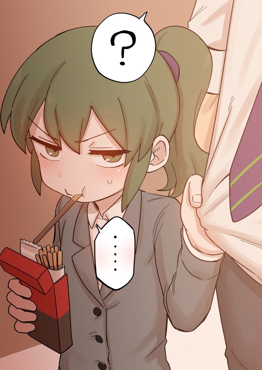 ... 1boy 1girl ? absurdres black_pants blush brown_background business_suit clothes_tug collared_shirt commentary_request food food_in_mouth formal gradient gradient_background green_eyes green_hair highres igarashi_futaba_(shiromanta) long_hair long_sleeves necktie office_lady pants pocky pocky_day ponytail purple_necktie senpai_ga_uzai_kouhai_no_hanashi shiromanta shirt spoken_ellipsis spoken_question_mark suit sweatdrop takeda_harumi_(shiromanta) tsundere v-shaped_eyebrows white_shirt