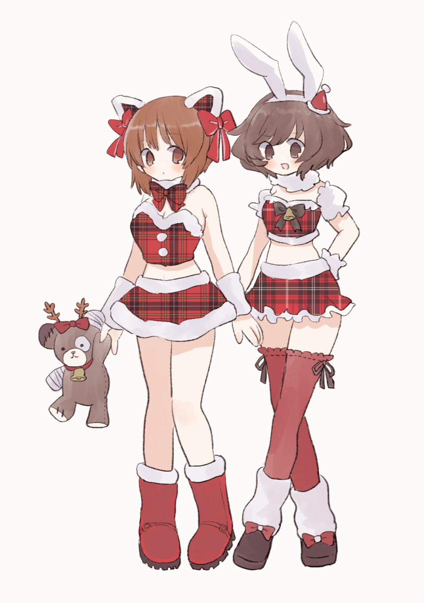 2girls akiyama_yukari alternate_costume animal_ears arm_warmers bandages bangs bell black_bow black_bowtie blush boko_(girls_und_panzer) boots bow bowtie brown_eyes brown_hair brown_legwear cat_ears closed_mouth commentary crop_top crossed_legs detached_collar fake_animal_ears frilled_legwear fur-trimmed_skirt fur_collar fur_trim girls_und_panzer hair_bow hand_on_hip hat highres holding holding_stuffed_toy light_frown looking_at_viewer messy_hair midriff mini_hat mini_santa_hat miniskirt multiple_girls nishizumi_miho open_mouth plaid plaid_shirt plaid_skirt rabbit_ears red_bow red_bowtie red_footwear red_headwear red_shirt ri_(qrcode) santa_boots santa_costume santa_hat shirt short_hair short_sleeves side-by-side simple_background skirt smile standing strapless stuffed_toy thigh-highs white_background white_footwear