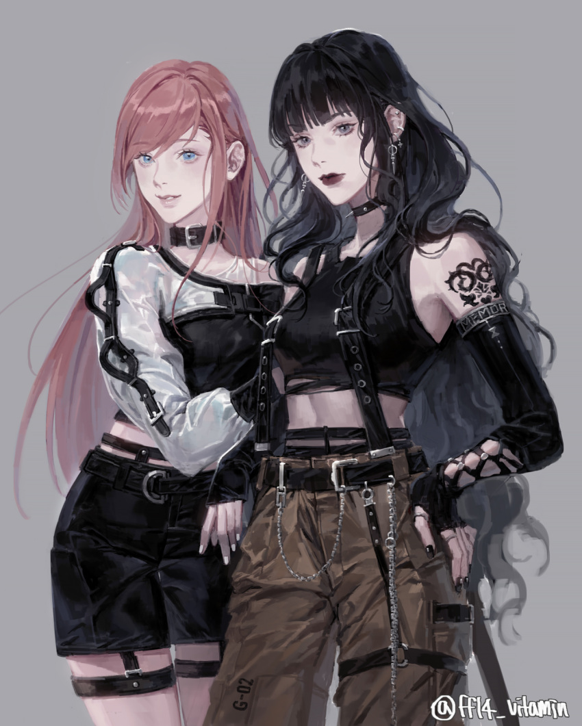 2girls alternate_costume arm_tattoo bangs bare_shoulders belt belt_buckle black_belt black_collar black_gloves black_hair black_nails black_shorts black_tank_top blue_eyes blunt_bangs brown_pants buckle chain choker clothes_writing collar commentary_request cowboy_shot ear_piercing earrings elbow_gloves ff14_vitamin final_fantasy final_fantasy_xiv fingerless_gloves gaia_(ff14) garter_belt gloves grey_background grey_eyes hand_on_another's_arm hand_on_hip highres hyur jewelry korean_commentary long_hair looking_at_viewer multiple_girls nail_polish orange_hair pants piercing red_lips ryne shorts sidelocks simple_background single_bare_shoulder smile spiked_choker spikes standing studded_collar suspenders swept_bangs tank_top tattoo twitter_username wavy_hair