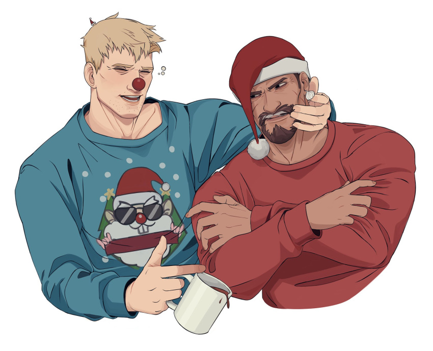 2boys beard blonde_hair blue_sweater christmas christmas_sweater closed_eyes crossed_arms cup dark-skinned_male dark_skin facial_hair hand_on_another's_face hat highres holding holding_cup looking_at_another male_focus multiple_boys mustache nez open_mouth overwatch reaper_(overwatch) red_sweater santa_hat scar scar_on_cheek scar_on_face short_hair sideburns simple_background smile soldier:_76_(overwatch) sweater very_short_hair