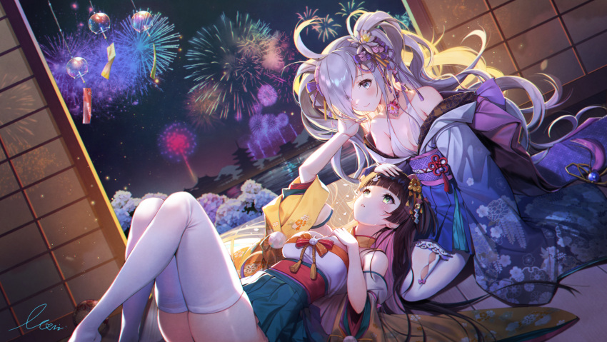 2girls absurdres bangs black_hair blush breasts building character_request collarbone eyebrows_visible_through_hair fireworks flower hair_flower hair_ornament hairclip highres houchi_shoujo japanese_clothes kimono lake long_hair looking_at_another lying_on_another medium_breasts monini multiple_girls signature silver_hair small_breasts thigh-highs tower white_legwear wind_chime zettai_ryouiki