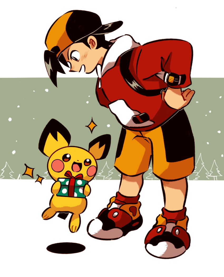 1boy backwards_hat baseball_cap black_hair blush box brown_eyes ethan_(pokemon) gift gift_box hat highres jacket leaning_forward looking_down male_focus open_mouth orange_shorts panmimi pichu pokemon pokemon_(creature) pokemon_(game) pokemon_gsc red_footwear red_jacket shoes short_hair shorts smile sparkle standing symbol-only_commentary