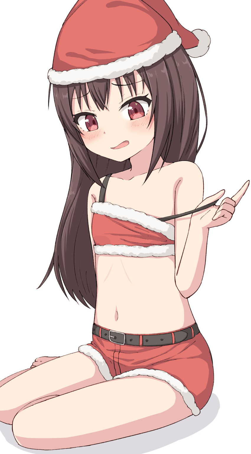1girl absurdres bangs bare_arms bare_shoulders belt belt_buckle black_belt blush brown_hair buckle christmas collarbone commentary_request eyebrows_visible_through_hair fur-trimmed_headwear fur-trimmed_shorts fur_trim hand_up hat highres hippo_(hirople) long_hair navel open_mouth original pulled_by_self red_eyes red_headwear red_shorts santa_costume santa_hat shadow short_shorts shorts sitting smirk solo strap_pull very_long_hair white_background yokozuwari