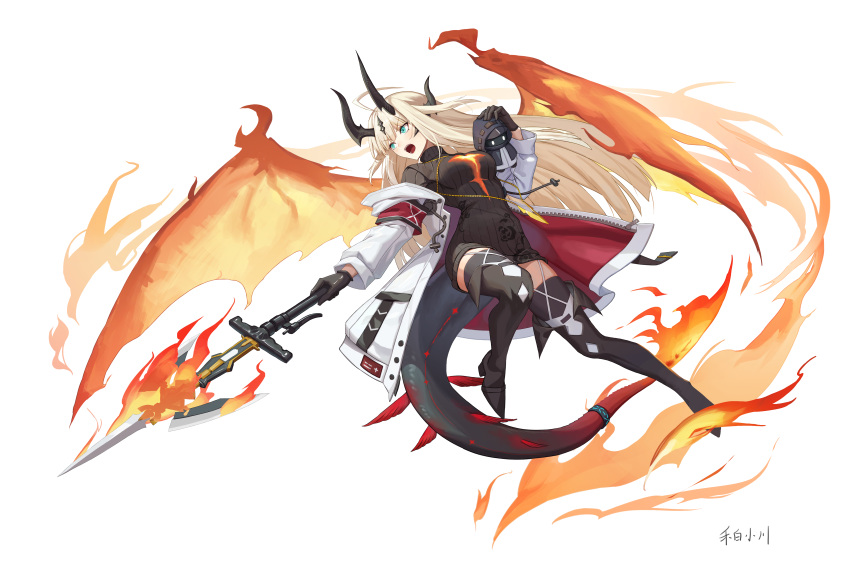 1girl absurdres arknights blonde_hair blue_eyes boots breasts dragon_horns dragon_tail dragon_wings flame-tipped_tail flaming_weapon hebai_xiaochuan highres holding holding_polearm holding_weapon horns long_hair medium_breasts polearm reed_(arknights) ribbed_sweater signature spear sweater tail thigh-highs thigh_boots weapon white_background wings