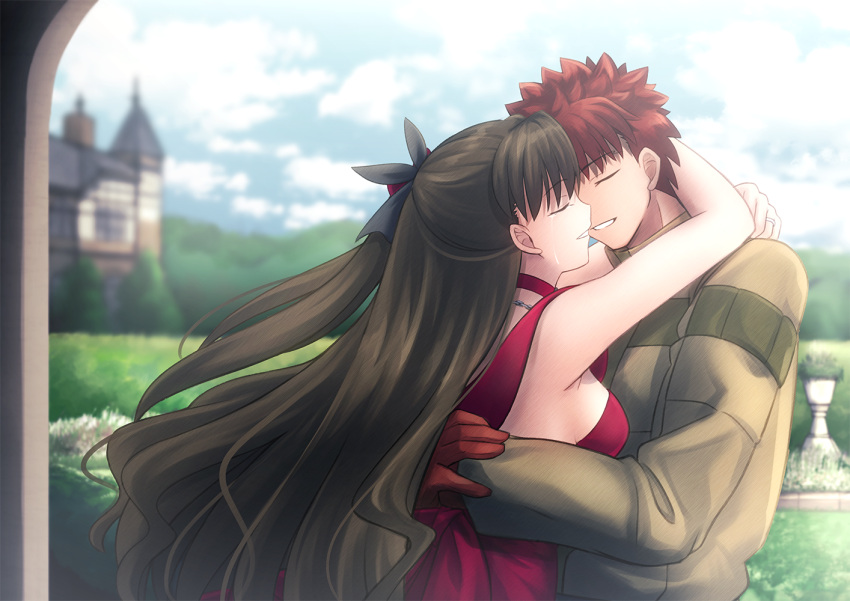 1boy 1girl arms_around_neck arms_around_waist bangs black_bow blurry blurry_background bow breasts brown_hair brown_sweater chain choker closed_eyes couple crying day dress emiya_shirou eyebrows_visible_through_hair fate/stay_night fate_(series) floating_hair from_side gloves hair_between_eyes hair_bow hetero imminent_kiss jewelry long_hair long_sleeves medium_breasts migiha necklace outdoors red_choker red_dress red_gloves redhead short_hair sideboob sleeveless sleeveless_dress spiky_hair sweater tears tohsaka_rin upper_body very_long_hair