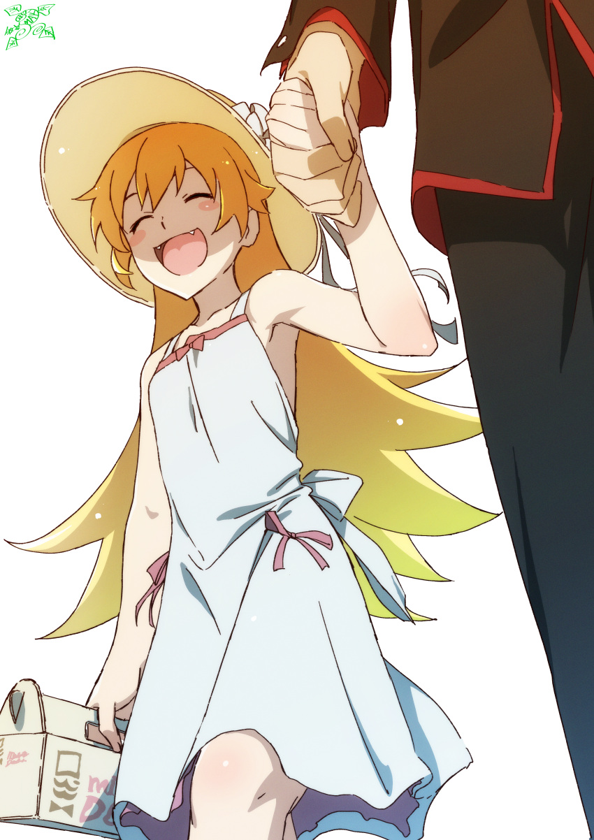 1boy 1girl :d absurdres araragi_koyomi bakemonogatari bangs blonde_hair blush blush_stickers box closed_eyes commentary_request dress fangs from_below happy hat highres holding holding_box holding_hands long_hair makicha_(sasurainopink) mister_donut monogatari_(series) open_mouth oshino_shinobu pink_ribbon ribbon shadow signature smile sun_hat sundress white_background white_dress yellow_eyes