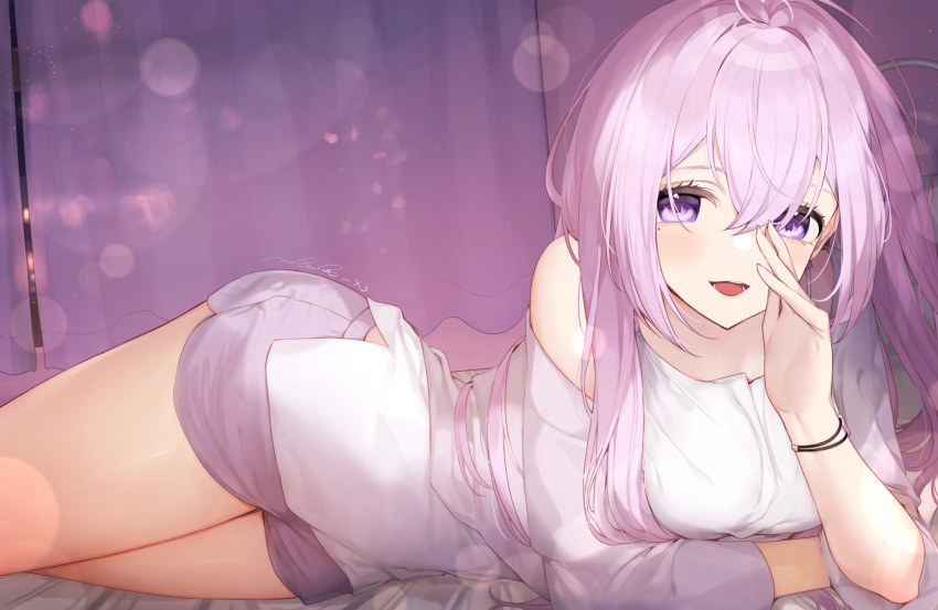 1girl bangs bed blush bracelet breasts curtains hand_on_own_face highres jewelry koyo_akio large_breasts long_hair looking_at_viewer lying on_side open_mouth pink_eyes pink_hair shorts smile solo thighs