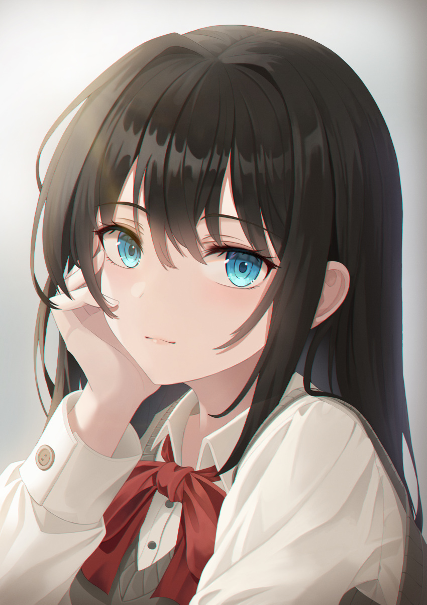 1girl absurdres bangs black_hair blue_eyes blush closed_mouth collared_shirt hand_on_own_face highres kanra620 long_hair looking_at_viewer original portrait red_neckwear school_uniform shirt simple_background sitting smile uniform white_shirt