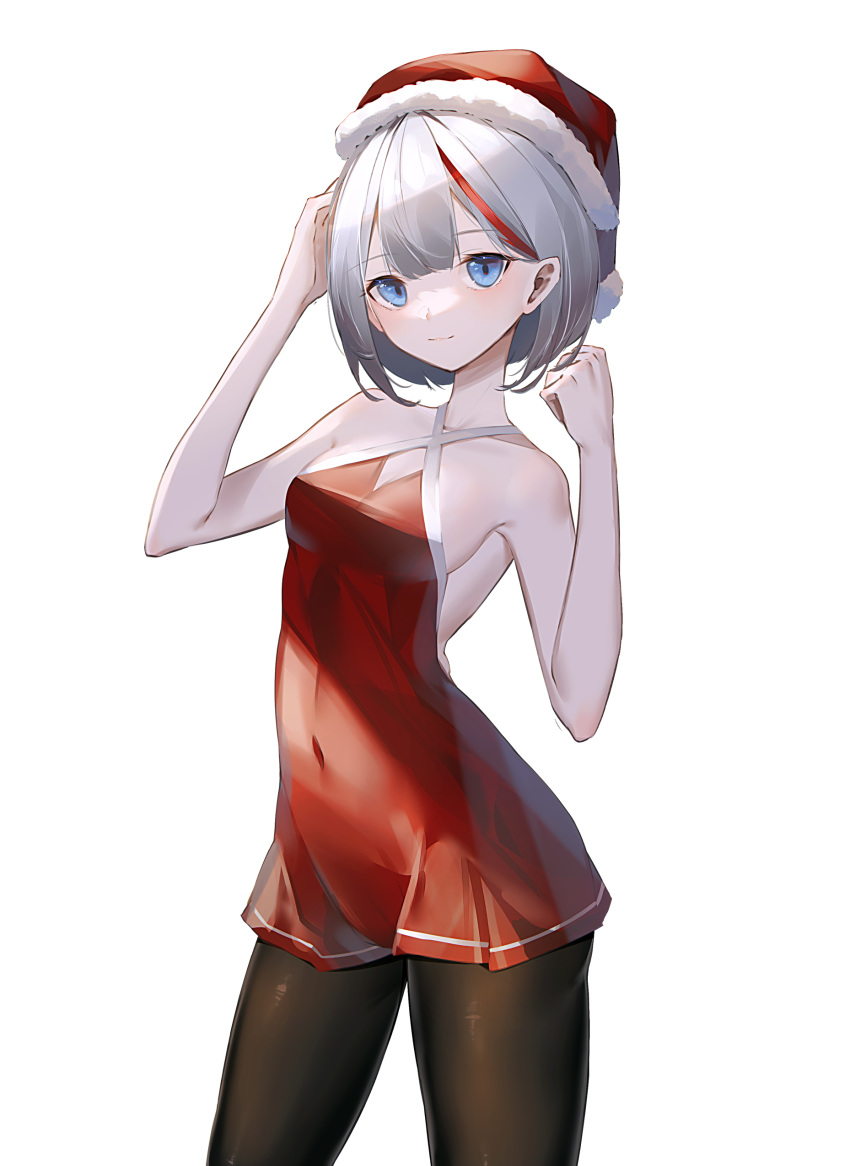 1girl absurdres admiral_graf_spee_(azur_lane) alternate_costume azur_lane backless_dress backless_outfit bare_arms bare_shoulders black_legwear blue_eyes breasts closed_mouth collarbone commentary_request covered_navel criss-cross_halter dress halter_dress halterneck hat highres ka11_ca light_smile looking_at_viewer medium_breasts multicolored_hair pantyhose red_dress red_headwear redhead santa_dress santa_hat short_hair silver_hair simple_background sleeveless sleeveless_dress smile solo streaked_hair white_background