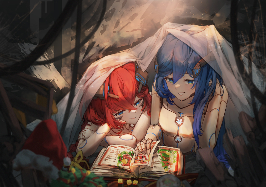 android blue_eyes blue_hair book christmas christmas_wreath half-closed_eyes hat head_rest headgear highres joints long_hair nude open_book original redhead robot_joints santa_hat siblings sisters smile taiu turning_page under_covers