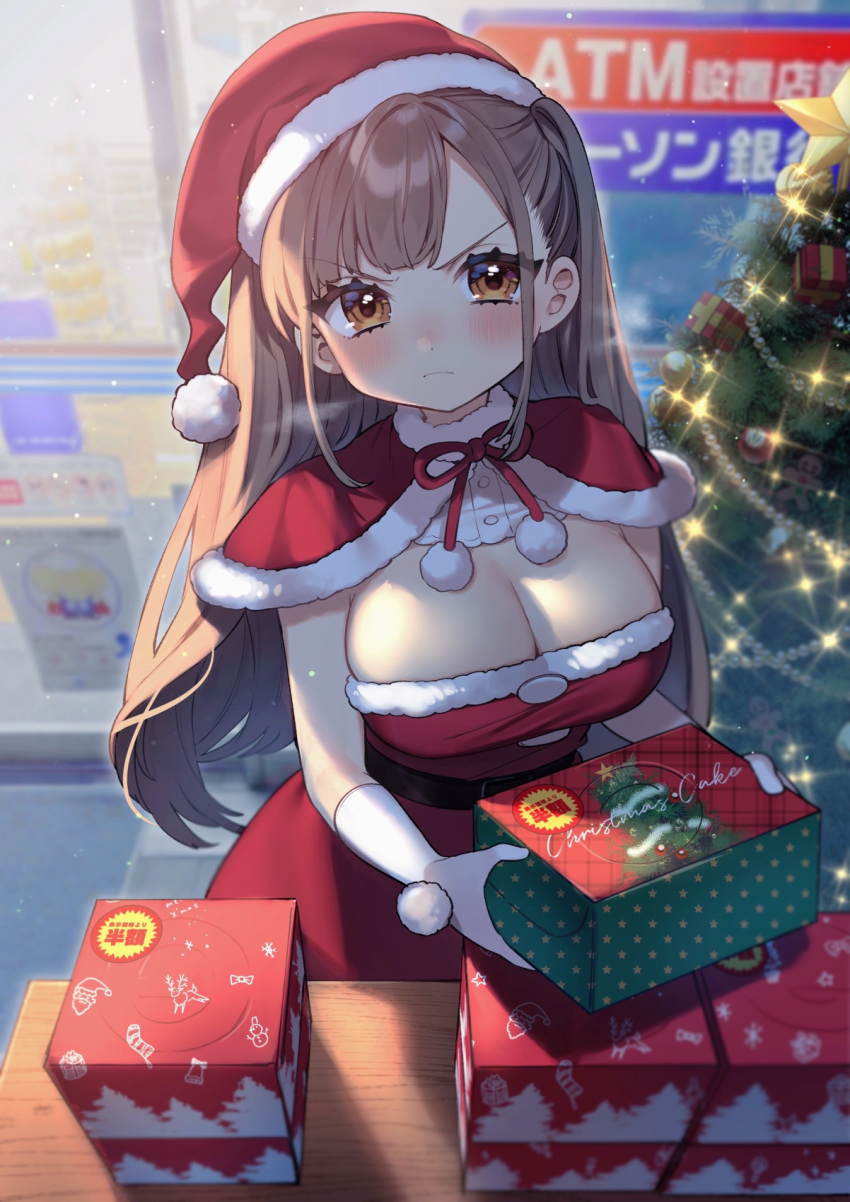 1girl bangs blush box breasts brown_eyes brown_hair capelet christmas christmas_tree closed_mouth commentary_request dress fur_trim gloves hat highres holding holding_box kodama_(sakura_yuki) large_breasts long_hair looking_at_viewer original pom_pom_(clothes) red_capelet red_dress sakura_yuki_(clochette) santa_costume santa_hat solo standing table white_gloves