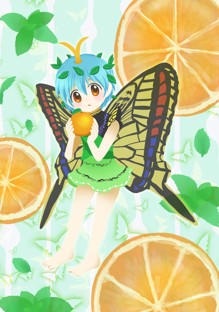 1girl absurdres animal_background antennae aqua_hair barefoot bug butterfly butterfly_background butterfly_wings dress eternity_larva fairy food fruit fruit_background full_body green_dress hair_between_eyes highres holding holding_food holding_fruit leaf leaf_on_head multicolored_clothes multicolored_dress no_lineart open_mouth orange_(fruit) orange_eyes short_hair short_sleeves single_strap solo takano48 touhou wings