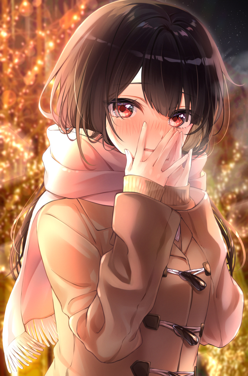 1girl absurdres bangs black_hair blush breath christmas christmas_lights covering_mouth highres long_hair looking_at_viewer night night_sky ooyunomi open_mouth original pink_scarf red_eyes scarf sky solo upper_body winter_clothes
